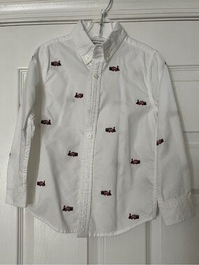 Janie and Jack White Button-Down Shirt with Red & Black Train Embroidery